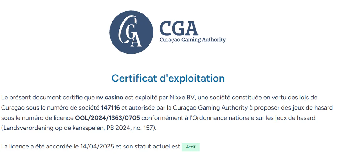 NV Casino certificat d’exploitation délivré par la Curaçao Gaming Authority avec licence active OGL/2024/1363/0705